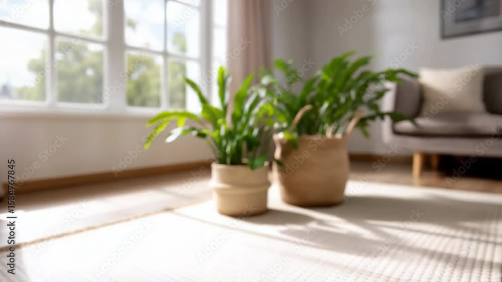 Two green houseplants beige ceramic pots sit woven rug bright living room with sunlight streaming through large windows, creating peaceful and cozy atmosphere with modern decor, green plant Two green houseplants beige ceramic pots sit woven rug bright living room with sunlight streaming through large windows, creating peaceful and cozy atmosphere with modern decor, green plant