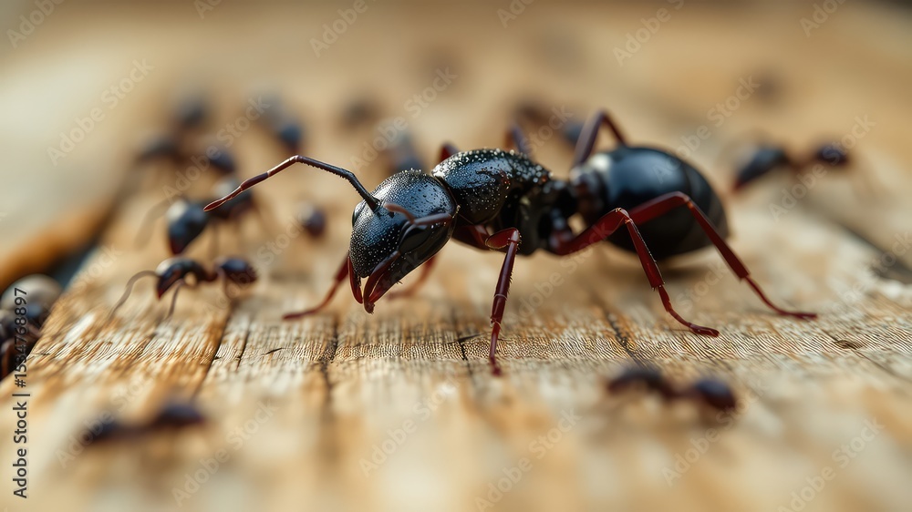 Detailed closeup of a black ant among a colony on weathered wooden surface, showcasing intricate details and textures Detailed closeup of a black ant among a colony on weathered wooden surface, showcasing intricate details and textures