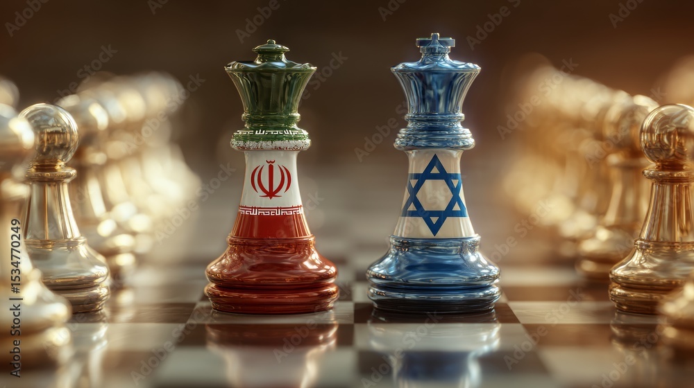 Obraz premium Iran and israel flags paint over on chess king. 3D illustration iran vs israel