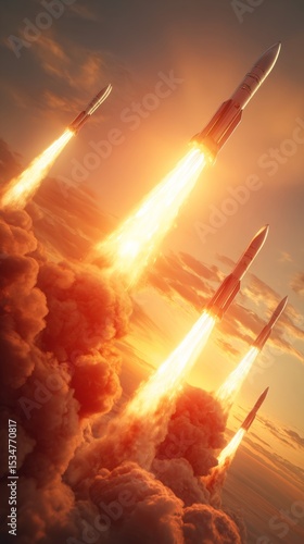 The missiles are aimed at the sky at sunset with Iran flag. Bomb, chemical weapons, missile defense, a system of salvo fire.