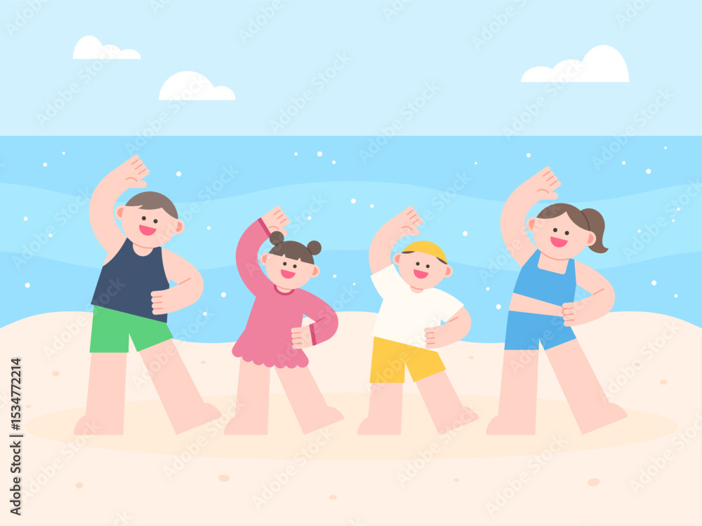 Fototapeta premium A family wearing swimsuits and warming up before going into the sea.