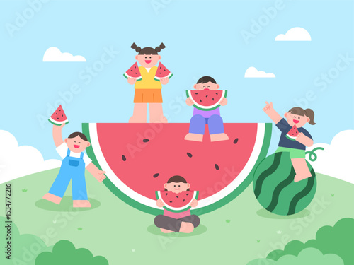 Children holding watermelon on the grass and smiling happily while eating watermelon.