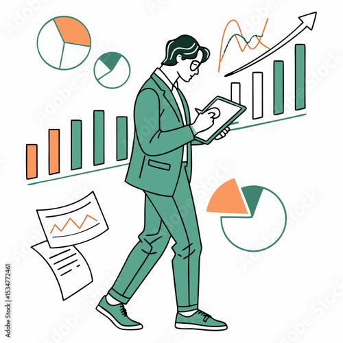 Businessman reviewing financial data on tablet walking among charts and graphs