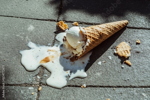 Melting Ice Cream Cone on the Ground with Spilled Cream and Waffle