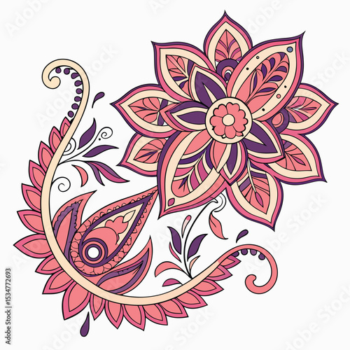 Decorative floral paisley illustration with colorful petals and detailed line art design elements