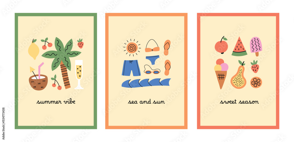 Summer time vacation poster set. Card collection with beach, marine, sea, ocean, tropical elements. Simple hand drawn style. Summer time vacation poster set. Card collection with beach, marine, sea, ocean, tropical elements. Simple hand drawn style.