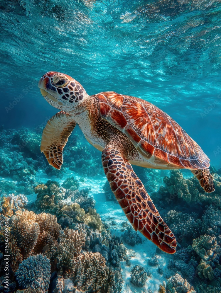 Fototapeta premium Graceful Turtle Swimming Through Crystal Clear Ocean Waters Surrounded by Vibrant Marine Life and Sunlight Filtering through Waves in Tranquil Seascape