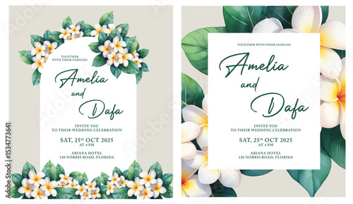 Two floral wedding invitations are shown. One design features white frangipani borders top and bottom. The other has larger, scattered flowers along the edges. Both designs convey an elegant tropical