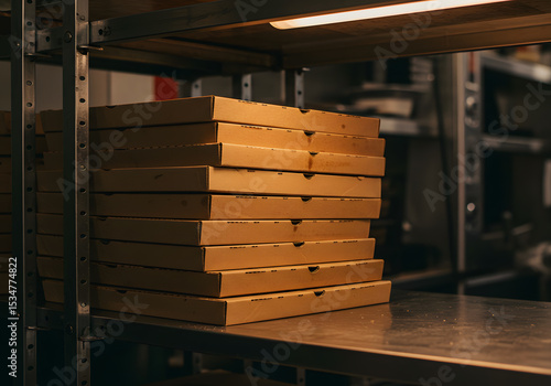 Stacked pizza boxes in kitchen