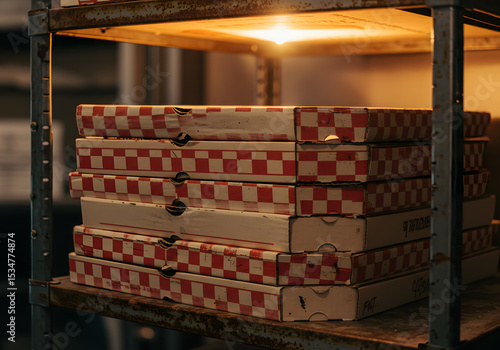 Stacked pizza boxes on shelf