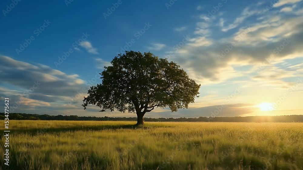 Lonely Tree Silhouetted in Golden Field against Cloudy Sky at Sunset Serene Landscape Lonely Tree Silhouetted in Golden Field against Cloudy Sky at Sunset Serene Landscape