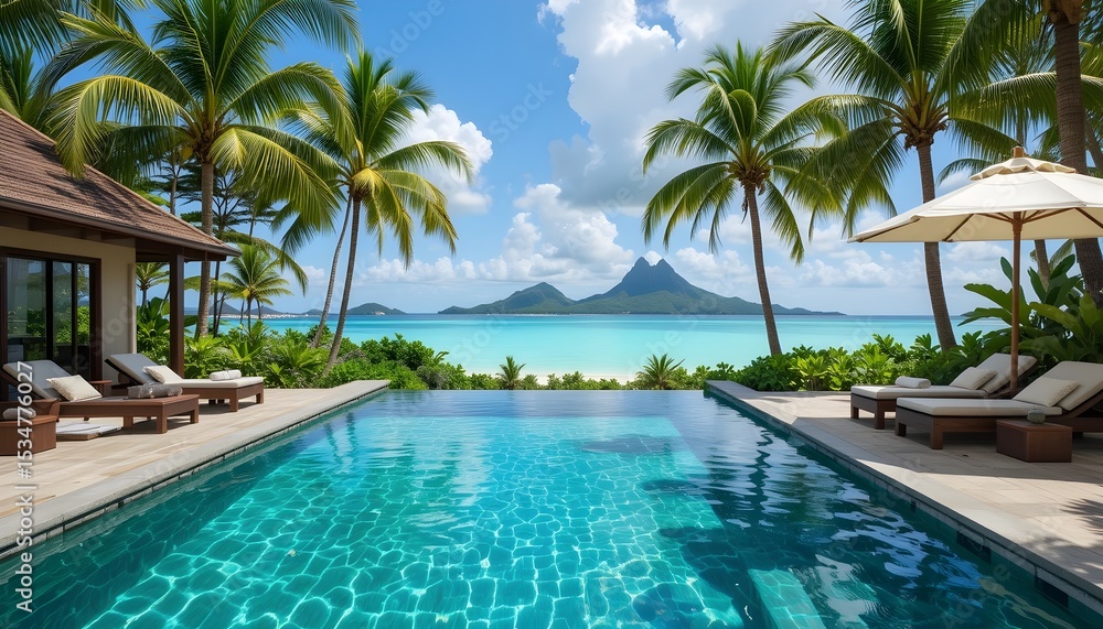 Fototapeta premium Luxury Tropical Vacation Featuring Spa and Swimming Pool on Mauritius Island – An Exotic Island Getaway Offering World-Class Relaxation, Oceanfront Comfort, and Holistic Wellness Amidst Turquoise