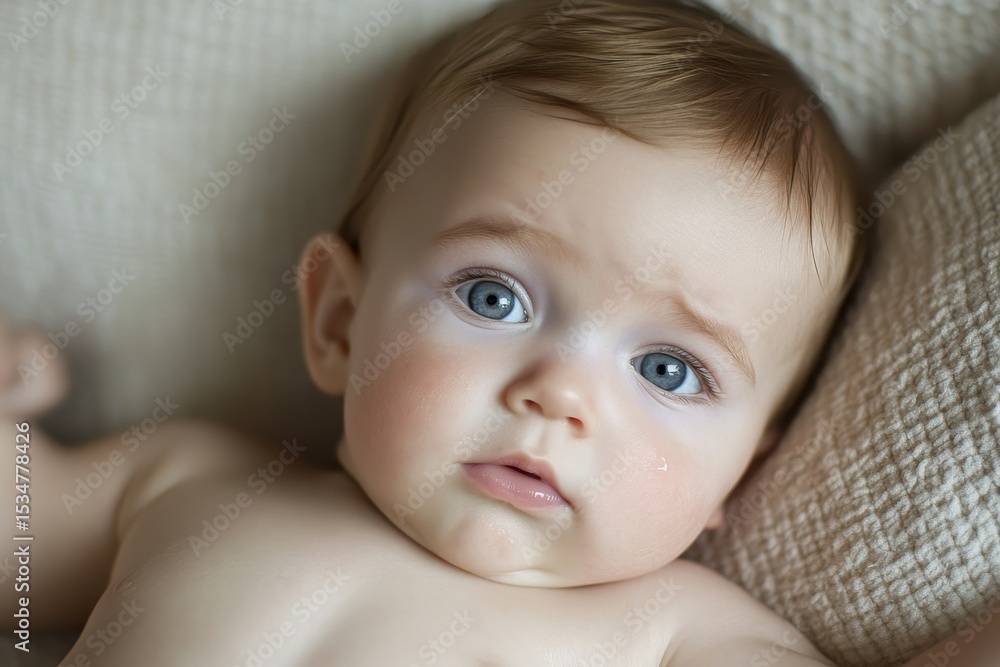 Cute Baby with Blue Eyes and Tear on Soft Fabric Background Cute Baby with Blue Eyes and Tear on Soft Fabric Background