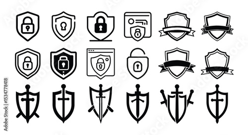 Cyber Security & Protection Icon Pack eps, Secure Lock Shield, Keyhole Protection Badge, Privacy Guard Shield, Secure Web Shield, Blank Ribbon Emblem, Shield Emblem Banner, Minimal Lock Shield, Smart 
