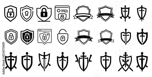 Cyber Security & Protection Icon Pack eps, Secure Lock Shield, Keyhole Protection Badge, Privacy Guard Shield, Secure Web Shield, Blank Ribbon Emblem, Shield Emblem Banner, Minimal Lock Shield, Smart 