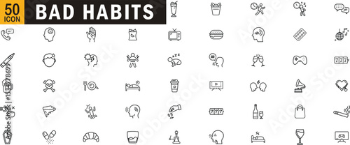 Bad habits editable outline icon set. Addiction, procrastination, laziness, overeating, stress and more.

