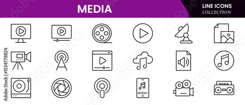 Dynamic vector web line icons showcasing media, broadcasting, streaming, journalism, cameras, microphones, and digital content creation tools.
