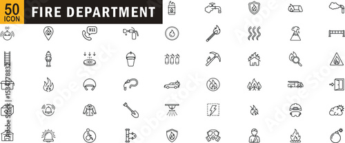 Fire department line icons set. Fire safety, emergency, rescue equipment, firefighting tools, fire alarm symbols.

