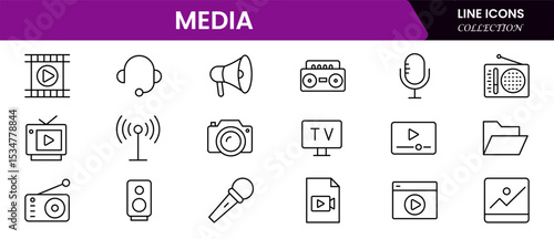 Dynamic vector web line icons showcasing media, broadcasting, streaming, journalism, cameras, microphones, and digital content creation tools.