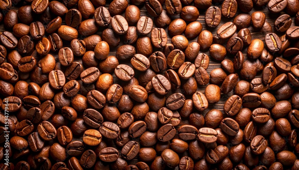 Fototapeta premium A rich, textured background showcases a dense scatte of dark roasted coffee beans, their smooth surfaces reflecting light in a warm, inviting pattern.