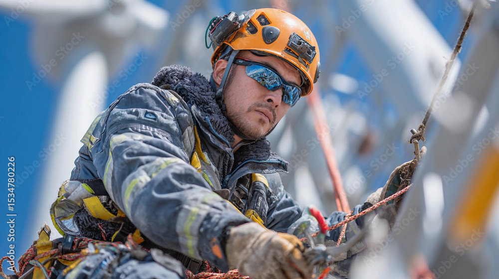 Determined Man in Helmet and Safety Gear Scaling Rocky Cliffside Embracing Adventure and Challenge Determined Man in Helmet and Safety Gear Scaling Rocky Cliffside Embracing Adventure and Challenge