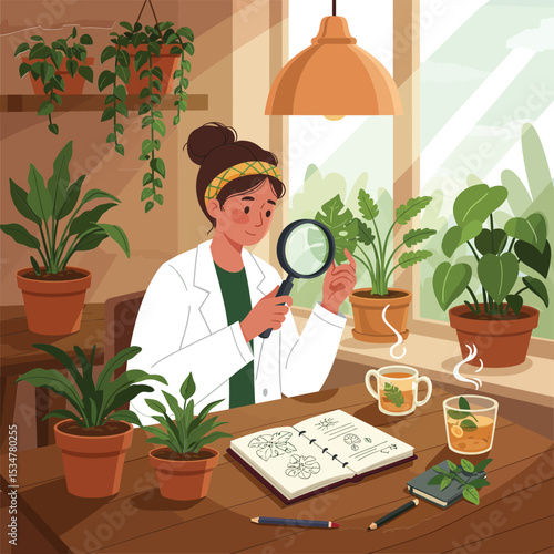 Young woman botanist examining plants with magnifying glass in cozy indoor garden with natural light vector illustration 