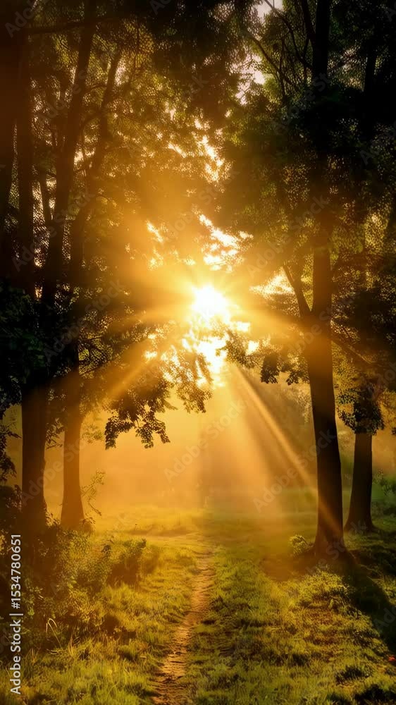 Sunlight beaming through a green summer forest onto a grassy path, with trees creating silhouettes in the early morning mist. Sunlight beaming through a green summer forest onto a grassy path, with trees creating silhouettes in the early morning mist.