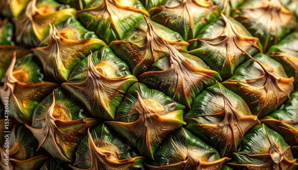 Fototapeta premium Close up shows a pine peel texture with dark green and light brown detailed pattern of rough skin and geometric shapes, displaying natural exotic fruit detail.