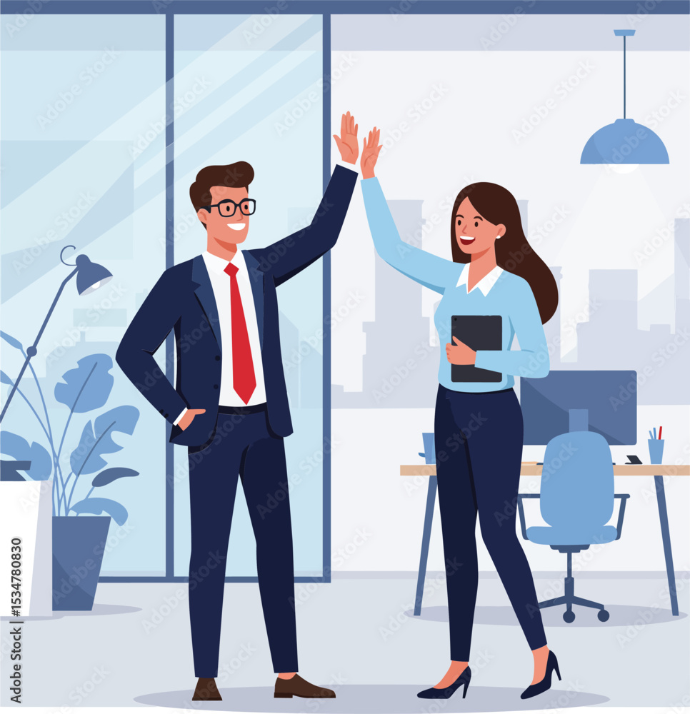 Fototapeta premium Business professionals high five gesture teamwork in modern office environment vector illustration 