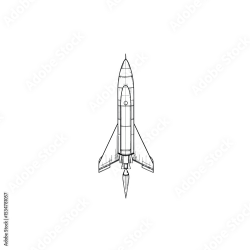 Artistic Top View Drawing of a Rocket with Visible Flame on White Background