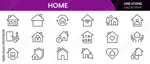Cozy vector web line icons depicting home elements, decor, comfort, family living, and modern residential lifestyle essentials.