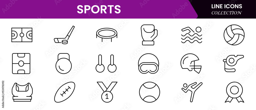 Naklejka premium Energetic vector web line icons depicting sports equipment, activities, fitness, competition, and dynamic athletic performance for enthusiasts.