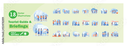 Illustrations depicting a tourist guide and briefing information. Mega set.