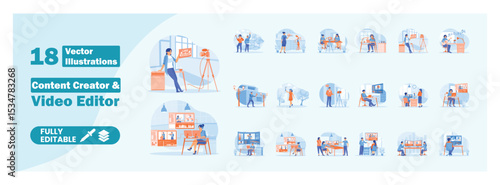Content creator and video editor vector illustrations. Mega set.