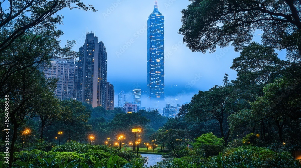 Fototapeta premium City park at twilight with tall building