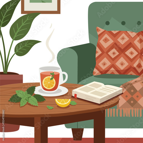 Cozy living room scene with green armchair orange patterned pillow and hot tea on wooden table for relaxing moments 