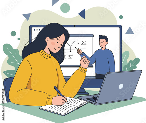 Woman studying and taking notes during online education session with male teacher on computer screen vector illustration 
