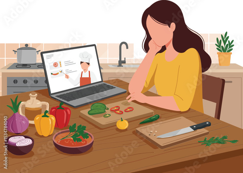Woman watching online cooking tutorial preparing fresh vegetables on wooden table kitchen scene 