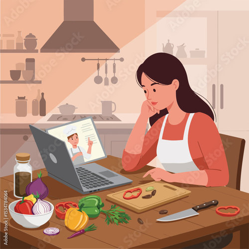 Woman following online cooking class tutorial using laptop in kitchen with fresh vegetables and knife on table 