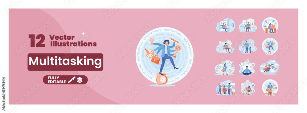 Fototapeta premium Multitasking theme illustration collection. Mega set.