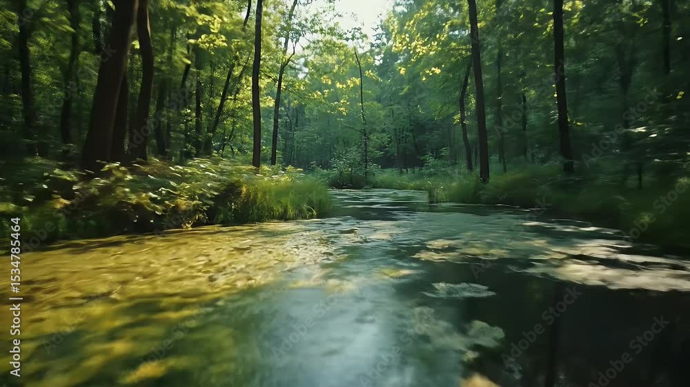 Sunlit Forest Stream with Green Foliage Trees and Reflections on Water Surface in a Serene Woodland Scene Sunlit Forest Stream with Green Foliage Trees and Reflections on Water Surface in a Serene Woodland Scene
