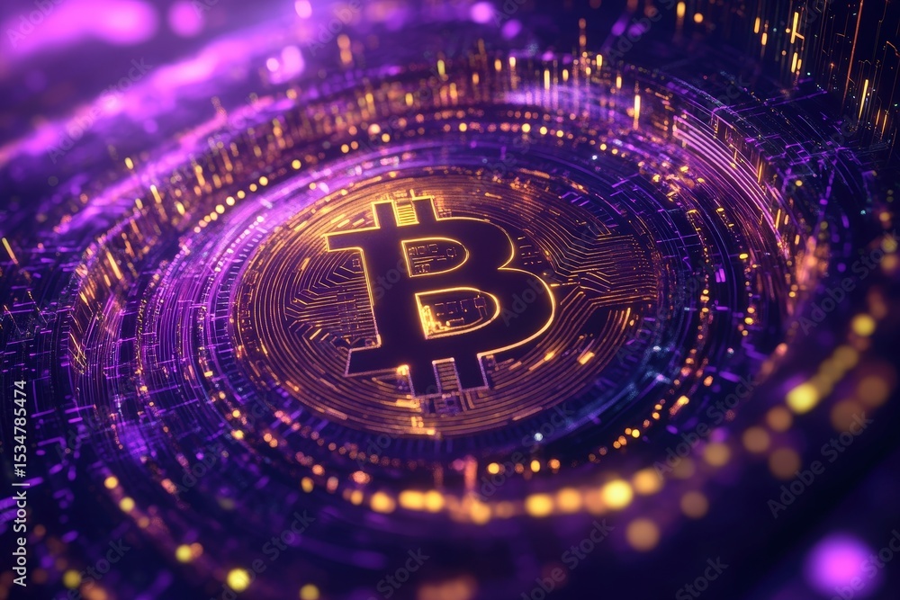 Fototapeta premium Digital bitcoin symbol surrounded by glowing circuit design.