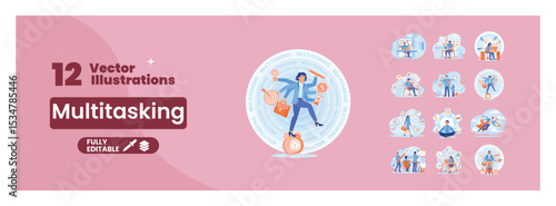 Multitasking theme illustration collection. Mega set.