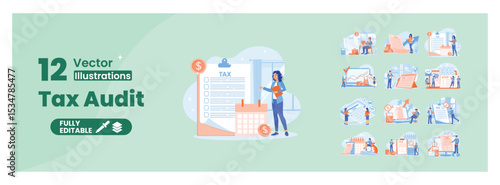 Collection of tax audit vector illustrations for business and finance concepts. Mega set.