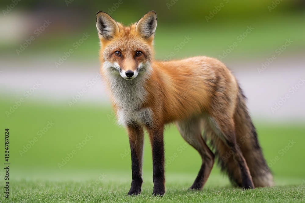 Fototapeta premium Red fox standing elegantly on sunlit green grassland with blurred natural background. Wildlife portrait showcasing detailed fur texture, ideal for ecology blogs and nature magazines.