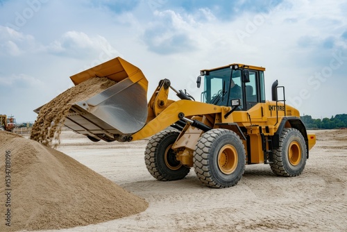 Wheel loader machine unloading sand at eathmoving works in construction site