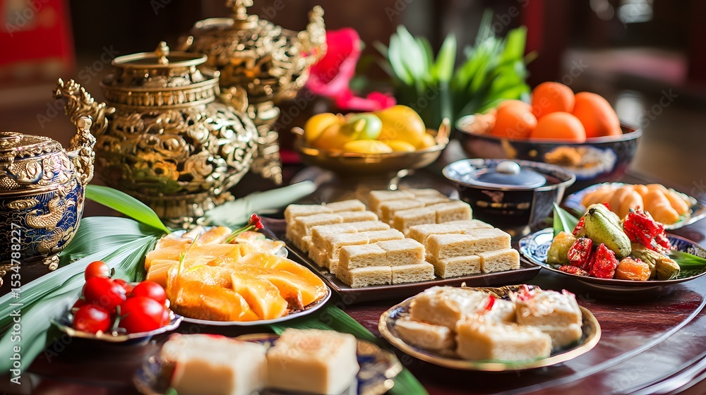 Fototapeta premium A variety of sweet treats and fruits displayed on a table.
