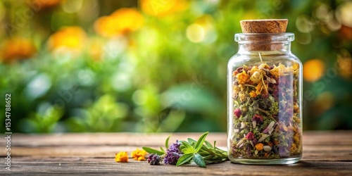 Aromatic herbal blend in a glass bottle, homeopathy, plant essences