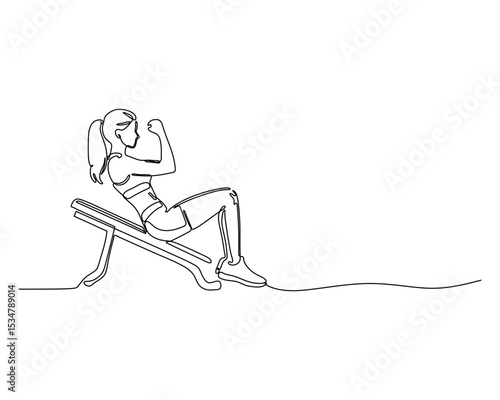 Continuous Line Drawing of a Woman Doing Sit Ups on an Incline Bench. Minimalist Fitness Illustration of Core Strength Training and Abdominal Workout.