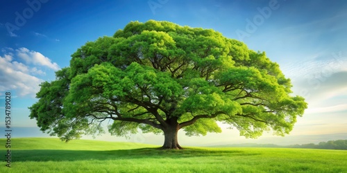 A serene garden corner with a majestic oak tree standing tall and proud, its green leaves rustling gently in the breeze